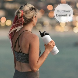 Livole 40oz 1180ml Stainless Steel Water Bottles with Straw and Carrying Pouch, Metal Water Bottle for Women, Men, Vacuum Insulated Water Bottle for Cold Hot Drinks, Travel, Sports, Gym, White