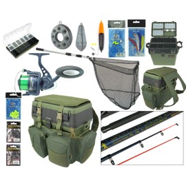 COMPLETE STARTER SEA FISHING KIT SET ROD & REEL SEAT BOX RUCKSACK SEA TACKLE NET