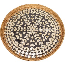 chicapica 16" Large Black Rattan and Mother of Pearl Lazy Susan for Table,Turnable Rotating Decorative Rattan Tray for Table