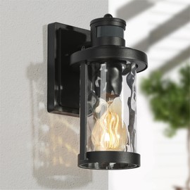 classy leaves Motion Sensor Outdoor Wall Light, Dusk to Dawn Exterior Wall Mounted Light Fixture, Black Outdoor Porch Light Anti Rust for House, Front Door, Garage, Water Ripple Glass