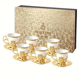 2/6 Sets, Golden Vintage Teacups And Saucers, Ceramic Coffee Cup And Saucer Plate, European Style Turkish Drinking Cups For Breakfast, Tea Party, Afternoon Tea, Home, Garden, Restaurant And More, Summer Winter Drinkware, Gifts - Color: 12pcs 6 Set White
