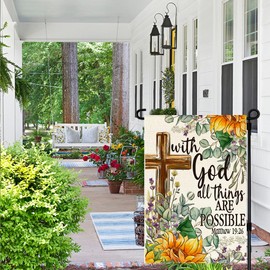 RABUSOFA Summer Garden Flag 12x18 Inch Double Sided Outside,Sunflower With God All Things Are Possible Spring Floral Cross Yard Outdoor Decoration Small