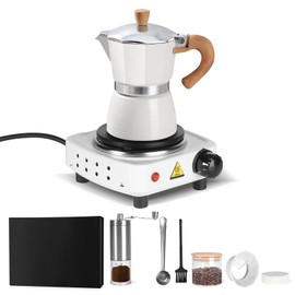 ele ELEOPTION 7-in-1 Moka Pot Espresso Set, Stovetop Coffee Makers set with Coffee Grinder and Coffee Bean Storage, Spoon, Heater Base for Gifts, Travel White