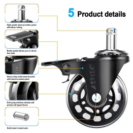 AGPtEK Office Chair Casters with Brake Heavy Duty 2.5" Universal Fit Locking Casters with Screwdriver, Safe Roller Wheel Replacement All with Brake System for Hardwood Floors Mat Carpet Tile, Set of 5