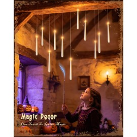 Meigic 20PCS Floating Candles with Wand Remote, Flameless Hanging Taper Candles with Flickering Warm Light, Battery Operated Magic Candles for Halloween Indoor Ceiling Decor, Hallway, Bedroom, Party