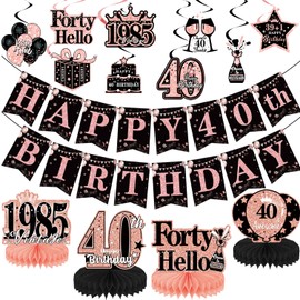 40th Birthday Decorations Banner Women - 15 Pcs Rose Gold Banner Swirls Honeycomb Centerpieces Table Decor For Vintage 40 Year Old Anniversary Party Supplies