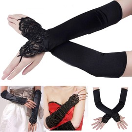 SUNTRADE Women's Lace Satin Bridal Party Fingerless Gloves Sequins Elegant, black