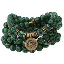 Homaisson Mala Bead Strand Bracelet, 108 Beads Bracelet for Prayer and Meditation, Japa Mala Necklace with Green Stripes, Gold Lotus Pendant, Ideal Present for Spiritual Practices