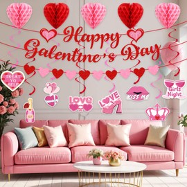 Galentines Day Party Decorations, Happy Galentine's Day Banner with Hanging Swirls Heart Honeycomb Balls Red Glitter Heart Garland Banner for Girls Ladies Valentines Day Galentines Theme Party Decor