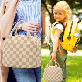 Lunch Bags for Women, Cute Stawberry Corduroy Lunch Bag, Insulated Lunch Box Boite a Lunch Femme Cooler Tote Bags, Leakproof Womens Lunch Bag for Work School Travel Picnic (Beige-Plaid)