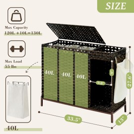 Gitelsnour Laundry Hamper with Lid, 130L(34.4 Gal) Rattan Laundry Hamper 3 Section with 50L (13.2 Gal) Storage Shelf, Wicker Woven Laundry Sorter Basket with 4 Liner Bags and Handles, Brown GLH003BR