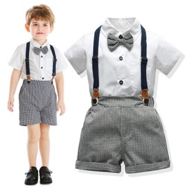 JiAmy Boys Gentleman Outfits 2PCS, Gentleman Shirts with Bowtie + Detachable Suspenders Short Pants Infant Clothing Set for Toddler 4-5 Years, White