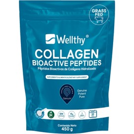 Wellthy 100% Colágeno Hidrolizado Español 450g. Sin Azúcar, Sin Saborizantes, Sin Colorantes, Sin Edulcorantes, Gluten Free, Grass Fed. El Único Sin Procesos Químicos, Sin Lácteos, Péptidos de Colágeno, 100% Puro, 100% Natural, Bottle Free.