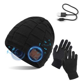 Tagvo Bluetooth V5.0 Beanie with Touchscreen Gloves Set, Winter Warm Knitted Wireless Bluetooth Headset Music Hat for Running, Skiing, Hiking., black