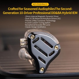 KZ ZS10 PRO 2 in Ear Monitor Headphones with 4-Level Tuning Switch, 1DD+4BA Hybrid Gaming Earbuds, HiFi Audiophile IEM Earphones, Studio-Grade Sound for Musicians/Stage Monitoring (Black Without Mic)