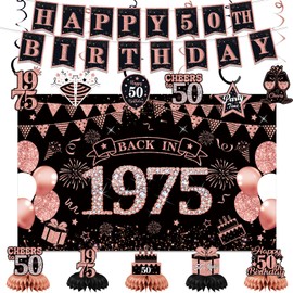 19PCS 50th Birthday Decoration Kit for Women, Black Rose Gold Happy 50th Birthday Banner Backdrop Hanging Swirls Paper Fans, 50 Years Old Birthday Decorations Kit