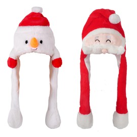 YC JILAI 2 Pieces Christmas Plush Hats Ear Moving Jumping Hat Santa Claus and Snowman Hats Christmas Funny Jumping Hat Plush Toys for Kids Girls Adults Birthday Cosplay Party Christmas Party