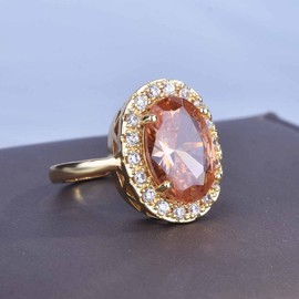 Hsitgexf Huge Oval Shaped CZ Cubic Zircon Wedding Party Statement Champagne Ring Engagement Inspired Cocktails Morganite Yellow Gold Plated Ring for Women (US Size 10)