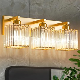 DIAMONDFORGE Bathroom Vanity Light Fixtures Over Mirror - Makeup Lighting Pure Gold - for Modern Wall, Bath, Desk, Farmhouse, Hallway 3 Crystal Lights
