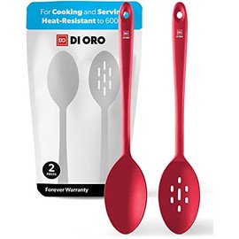 DI ORO Seamless Series 2-Piece Silicone Spoon Set - 600F Heat-Resistant Rubber Non-Stick Slotted and Solid Spoons for Mixing and Serving - LFGB Certified and BPA Free Pro-Grade Silicone – Red