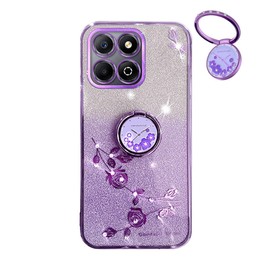 YUECXIN Glitter Case for Honor X6b 4G, Bling Shiny diamond Sparkle Design Women Girls Cover, Ultra Thin Shockproof Flowers Ring Stand Soft Transparent Case, Purple