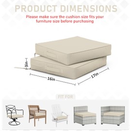 Tounosnt Patio Chair Cushions 17 X 16 X 3 Inch Waterproof Outdoor Seat Cushions for Patio Furniture, Outdoor Sofa Couch Pads with Ties & Handle, Set of 2, Cream