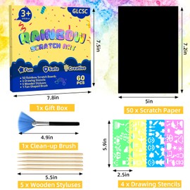 GLCSC 60 Pcs Scratch Art for Kids, Rainbow Scratch Paper, Black Magic Scratch Off Craft Set for 3 4 5 6 7 8 9 10 Years Old Girls and Boys Kids, Party Games Christmas Birthday Easter Gifts