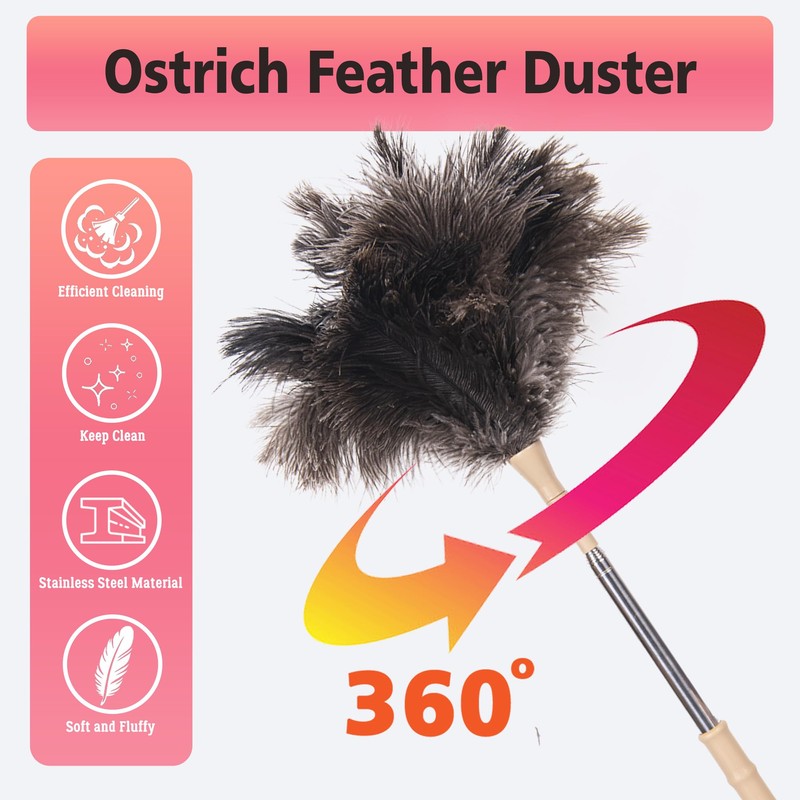Extendable Ostrich Feather Duster, Natural Ostrich Feathers Long Handle Duster