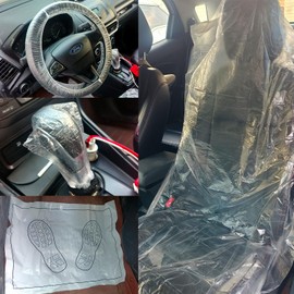 BMGRKYQX Pack of 40, 10 x plastic car floor mats, 10 x steering wheel cover, plastic, 10 x disposable car seat covers, front seats, 10 x gear lever, protective covers, disposable, universal, anti-dust