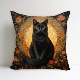 SUNFYCN William Morris Abstract Vintage Black Cat Design Throw Pillow Cover Home Decor, Art Deco Pillowcase Cushion Cover for Bed Sofa Living Room, Square Pillowcase 18x18inch (1, Black-CAT)