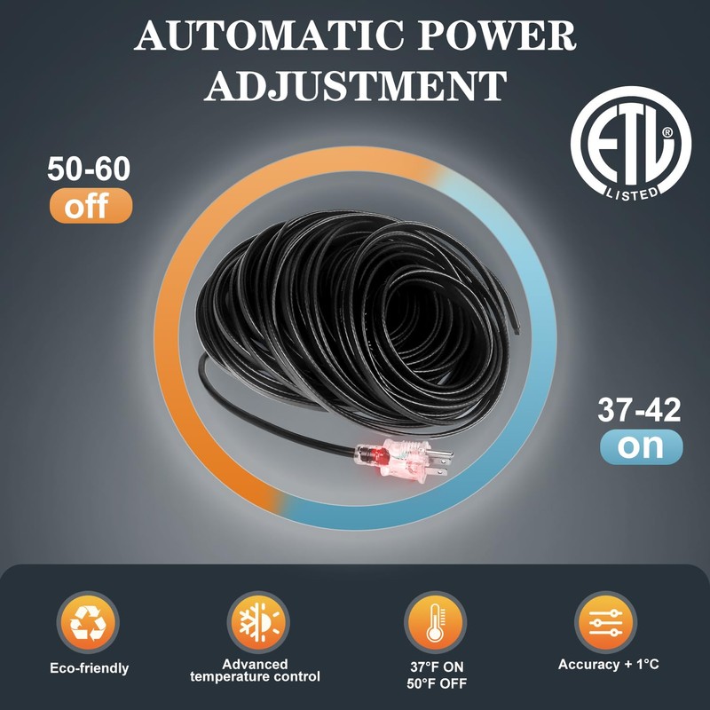 Heat Tape, 50FT -140FT Deicing Heating Cable,Pipe (Metal and Plastic)