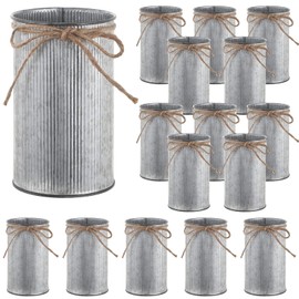 16 PCS Flower Buckets, 5.9in Farmhouse Metal Vase with Non-Slip Stripes, Rustic Galvanized Iron Vase with Twine Bowknot, Decorative Vases for Weddings Birthdays Home Decor