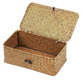 ORDELITE Wicker Storage Basket with Lid, Natural Seagrass Storage Baskets for Organizing, Rectangular Woven Basket for Storage, Decorative Boxes Bins with Lids Home Organizer Decor