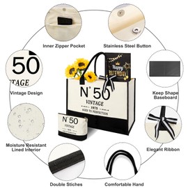 Amosking 50th Birthday Gifts for Women Canvas Shopping Bag Travel Gear, 50 Year Old Gifts for Wife Mother Sister Aunt Friends Her Vintage N°50 Handbag/Cosmetic Bag