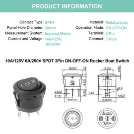 QTEATAK 5Pcs SPDT ON/Off/ON Rocker Toggle Switch, 3 Pins 3 Position Toggle Switch for Car and Boat KCD1 (Black), AC 10A/125V 6A/250V