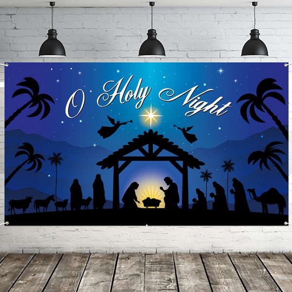 Christmas Nativity Backdrop Banner Merry Christmas Jesus Birth Nativity Backdrop Banner O Holy Night Blue Christmas Background Religious Xmas Photo Booth Background for Happy New Year Eve Xmas Party