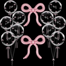Pink Bow Balloons 20 In Bubble Bobo Balloons With 150 Pcs Mini Ribbon Bows and 10 Big Ribbon Bows Girls Women Bow Birthday Decorations for Bridal Bachelorette Baby Shower Party supplies -12PCS