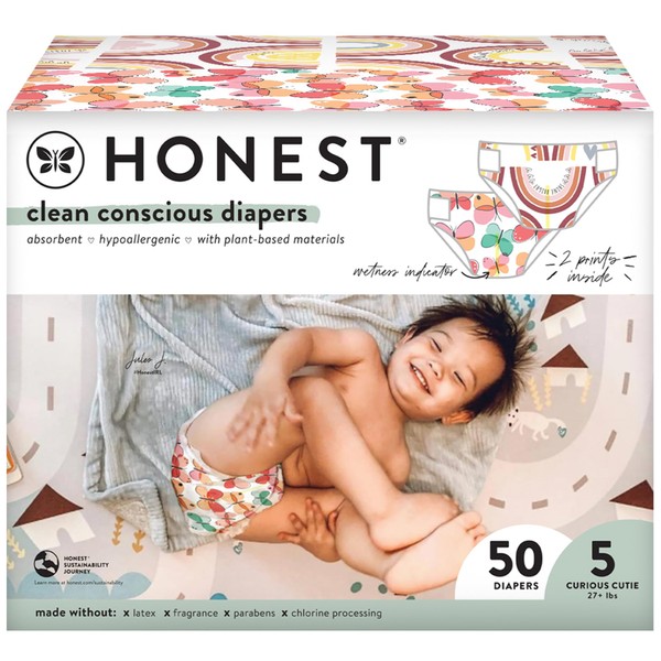 The Honest Company Clean Conscious Diapers | Plant-Based, Sustainable | Wingin' It + Catching Rainbows | Club Box, Size 5 (27+ lbs), 50 Count