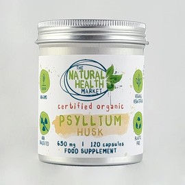 Organic Psyllium Husk Capsules 650mg by The Natural Health Market (120 Capsule Tin) | High Soluble Fibre Supplement | Organic Prebiotic Supplement | Plastic Free Vegan Capsules