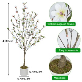 Fairblo Artificial Magnolia Tree, 5FT Fake White Cherry Blossom Plant with Planter, Faux Trees Indoor Outdoor Decor, Realistic Faux Magnolia Tree for Living Room, Bedroom Porch, Office and Hotel Decor