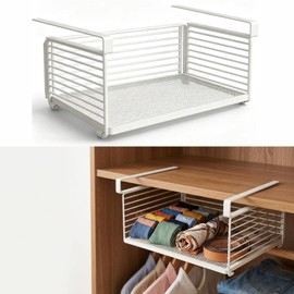 Under Cabinet Organizer, 14.2 Inch Slide Out Storage Basket, Metal Wire Hanging Rack for Kitchen Pantry, Closet, Office, Bathroom, Space Saving White Metal Shelf , White