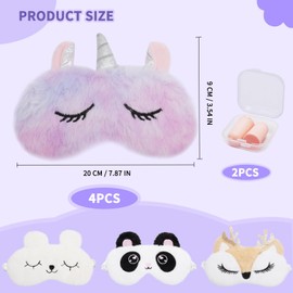 TMZELOA 4 Stück Schlafmaske Kinder, Schlafmaske Mädchen, Ultraweich Schlafmaskes Kinder Mädchen Schlafmaskes Lustig Plüsch Augenbinde Augenmaske Tier Weich Bequem für Kindergeschenke Nickerchen Reisen