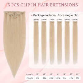 SEGO Single Clip In Hair Extensions Real Human Hair 6 Pcs One-Clip Remy Straight Soft Seamless Hairpieces for Women -14 Inch #60 Platinum Blonde