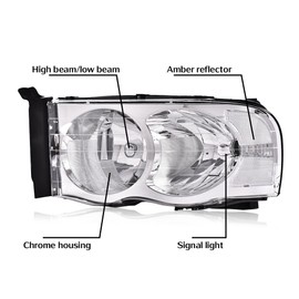 G-PLUS Headlights Assembly Compatible with Dodge Ram 1500 2500 3500 2002-2005 55077121AF 55077120AF 55077121AG 55077120AG Clear lens Chrome Housing Clear Reflector