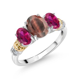Gem Stone King 925 Sterling Silver and 10K Yellow Gold Oval Red Tiger Eye Red Created Ruby and White Diamond 3 Stone Ring For Women (2.28 Cttw, Gemstone Birthstone, Size 6)