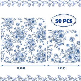 50 PCS Blue Floral Cocktail Napkins Blue and White Flower Paper Napkins 3-Ply Disposable Flowers Beverage Napkin for Wedding Bridal Shower Birthday Baby Shower Party Supplies, 5 x 5 Inch