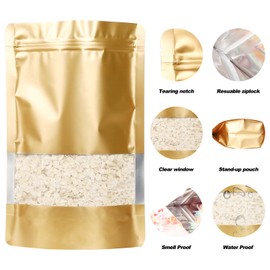 100 Pack Smell Proof Bags, Resealable Mylar Bags with Matte Window, Foil Pouch Stand-up Bags for Food Self Sealing Storage, Scratch Resistant Hand Storage Bags. (Gold, 3.9×5.9 Inch)