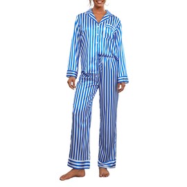 Edhomenn Women's 2 Piece Christmas Pajama Sets Long Sleeve Striped Shirts with Pants Casual Sleepwear Loungewear (B-Blue, XL)