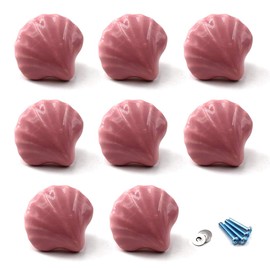 Pink Drawer Knob Ceramic Cabinet Knobs Kids Room Handle Pull Shell Shape for Dresser Drawers (Pack of 8 Screws Included)