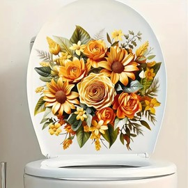 Charming Yellow Floral Bouquet Toilet Cover Sticker Decals,Fish Bird Flower Leaf Waterproof Toilet Lid Tank Seat Decals Cistern Self-Adhesive Bathroom Wall Sticker